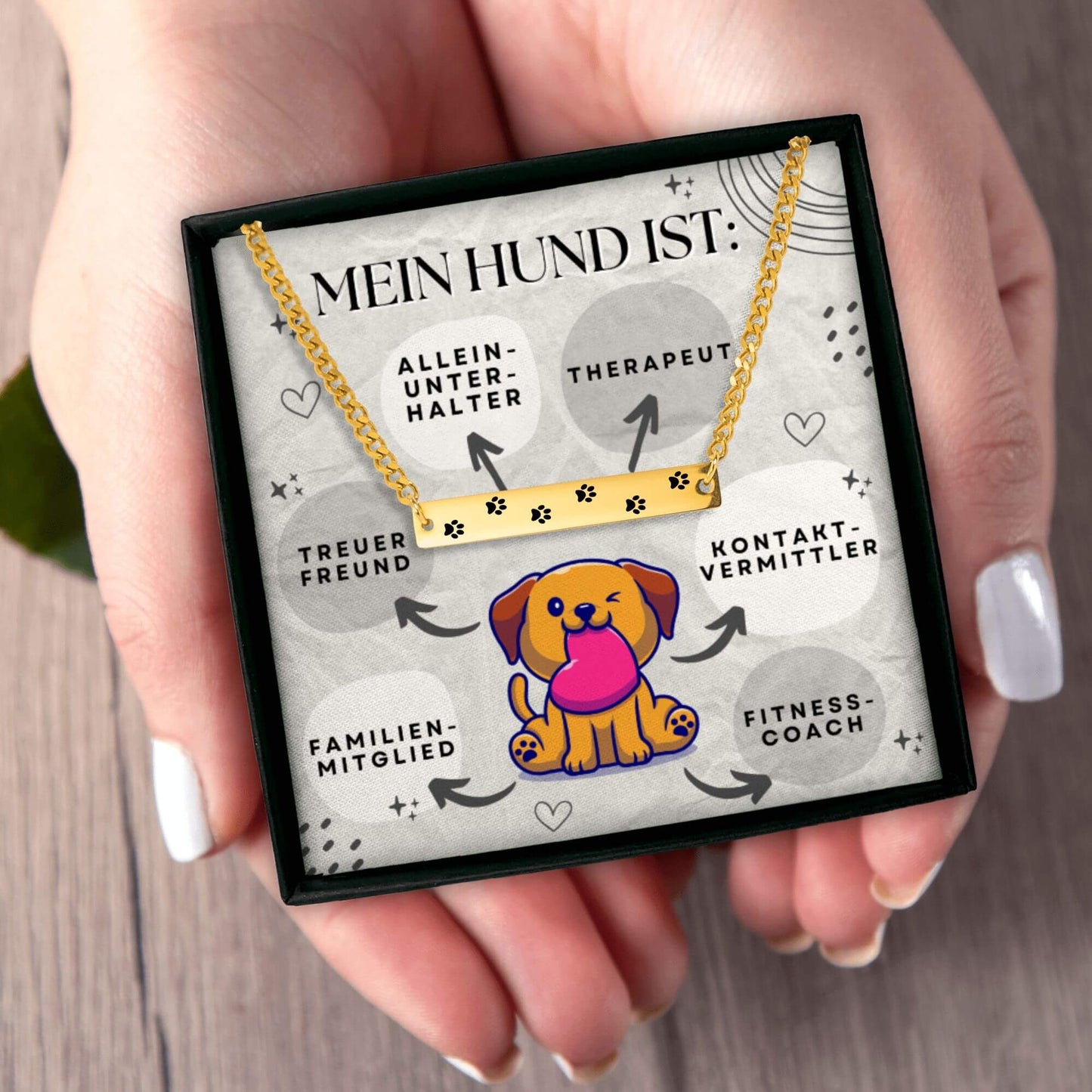 Halskette mit Pfoten-Gravur und Karte