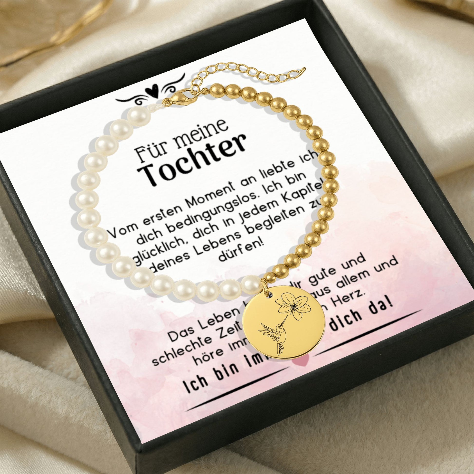 Geschenk für Tochter, Armband für Tochter, Mutter Tochter Schmuck, Tochter Geschenkidee, personalisiertes Armband, gravierter Anhänger mit Blume, Schmuck mit Botschaft, Geschenk mit Gravur, Tochter Geburtstag Geschenk, Mutter Tochter Geschenk, Perlenarmband