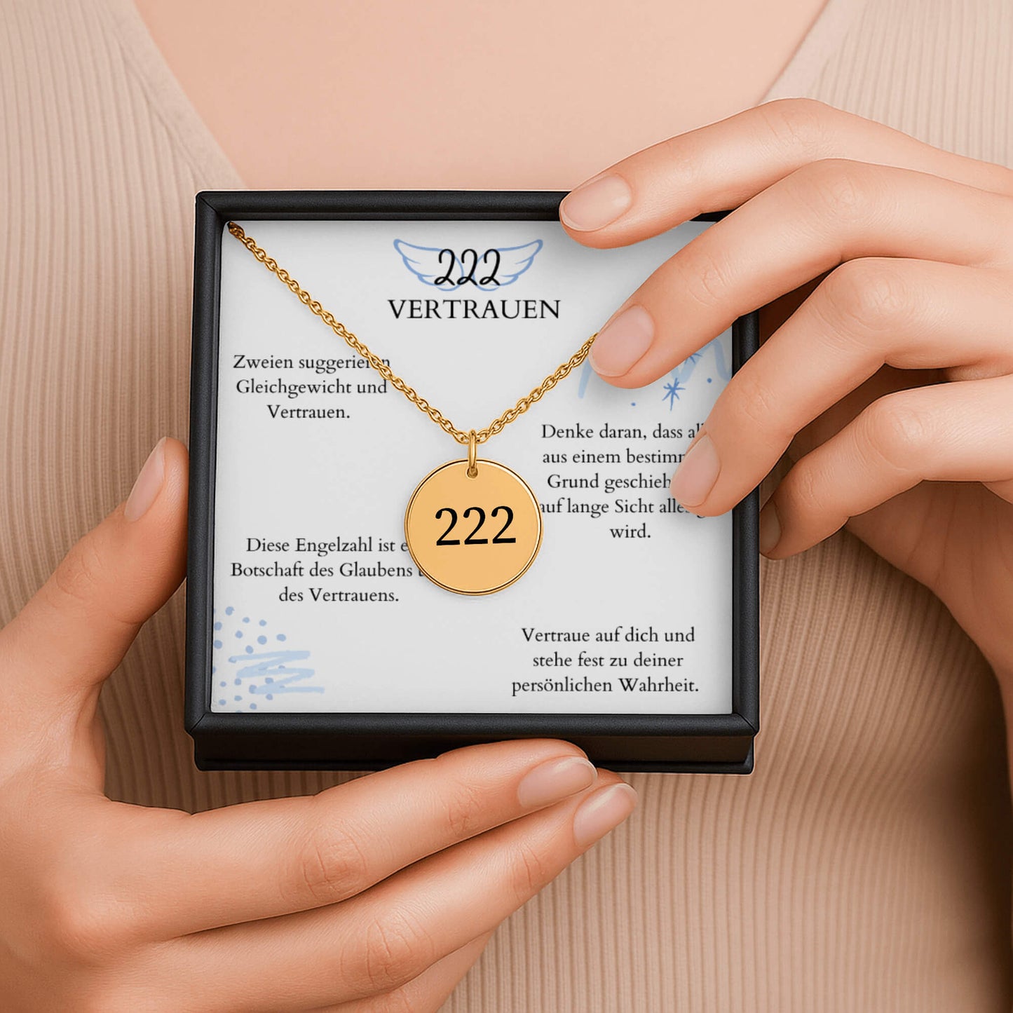 Engelszahl 222 - Kette mit Karte & Gravur
