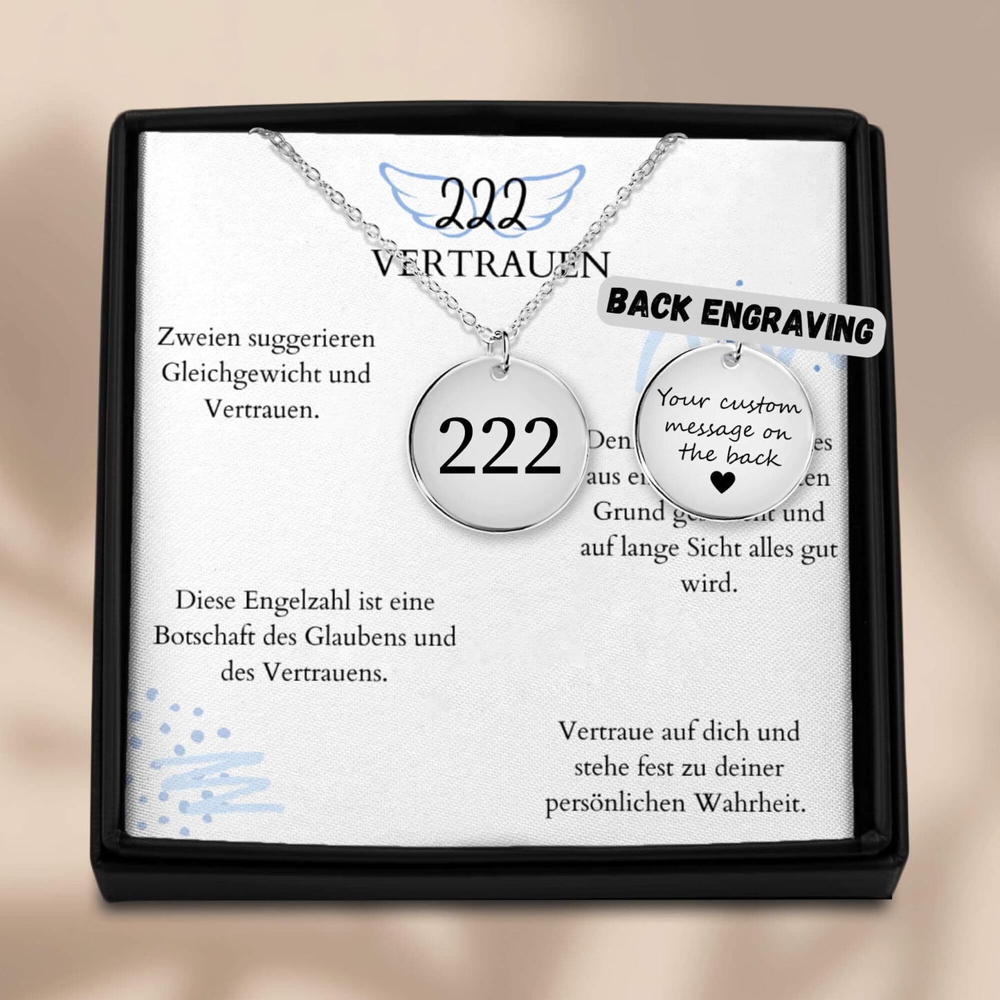 Engelszahl 222 - Kette mit Karte & Gravur